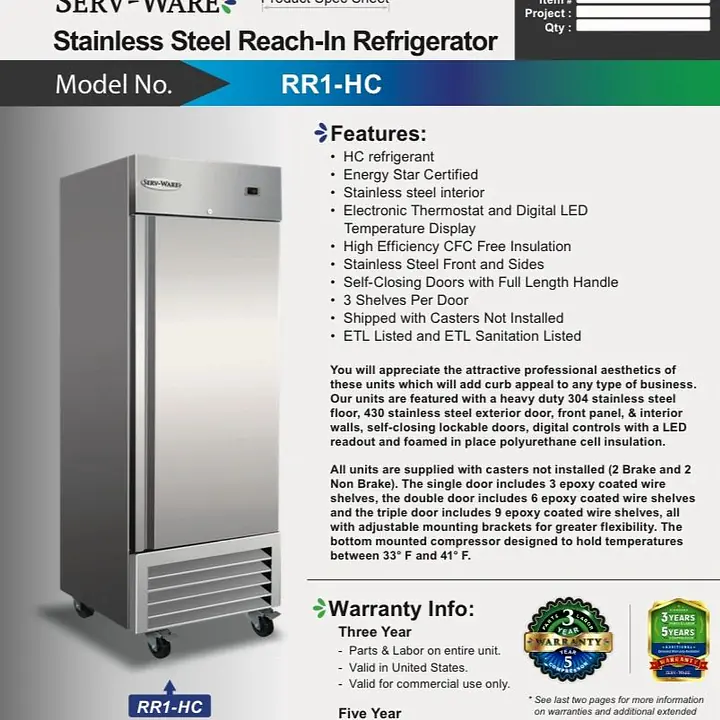 Stainless Steel Reach-In Refrigerator SERV-WARE RR1-HC - Master