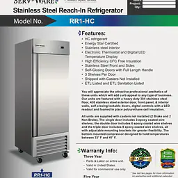 Stainless Steel Reach-In Refrigerator SERV-WARE RR1-HC - Master