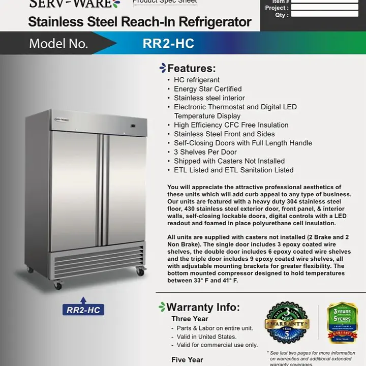 Stainless Steel Reach-In Two Door Refrigerator SERV-WARE RR2-HC - Master