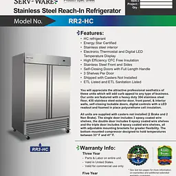 Stainless Steel Reach-In Two Door Refrigerator SERV-WARE RR2-HC - Master