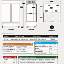 Stainless Steel Reach-In Two Door Refrigerator SERV-WARE RR2-HC - Master