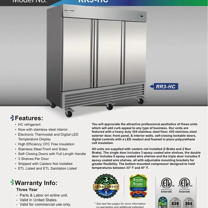 Stainless Steel Reach-In Three Door Refrigerator SERV-WARE RR3-HC - Master