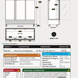 Stainless Steel Reach-In Three Door Refrigerator SERV-WARE RR3-HC - Master
