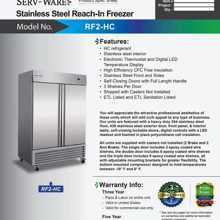Stainless Steel Reach-In Two Door Freezer SERV-WARE RF2-HC - Master