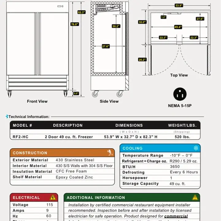 Stainless Steel Reach-In Two Door Freezer SERV-WARE RF2-HC - Master