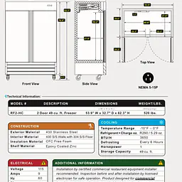 Stainless Steel Reach-In Two Door Freezer SERV-WARE RF2-HC - Master