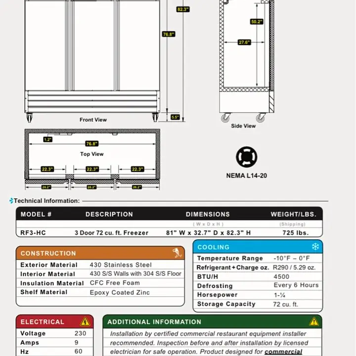 Stainless Steel Reach-In Three Door Freezer SERV-WARE RF3-HC - Master