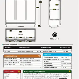 Stainless Steel Reach-In Three Door Freezer SERV-WARE RF3-HC - Master