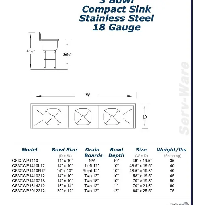 3 Bowl Compact Sink SERV-WARE - Master