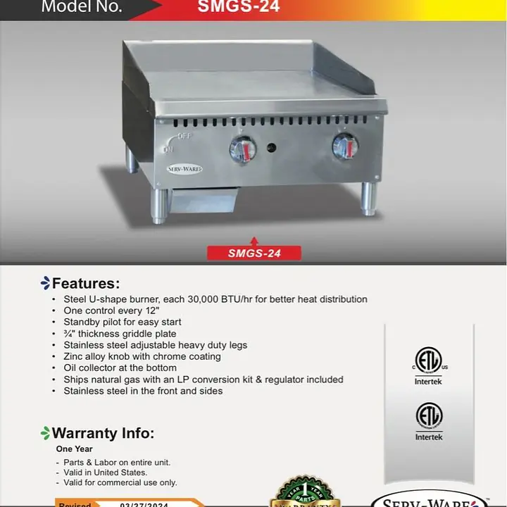 2 Burner Manual Griddle 24” SERV-WARE SMGS-24 - Master