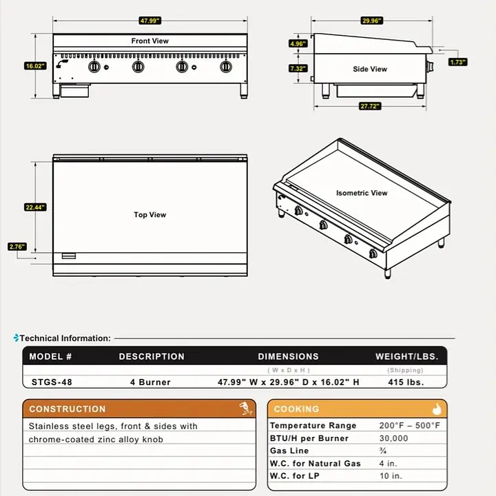 4 Burner Thermostatic Griddle 48” SERV-WARE STGS-48 - Master