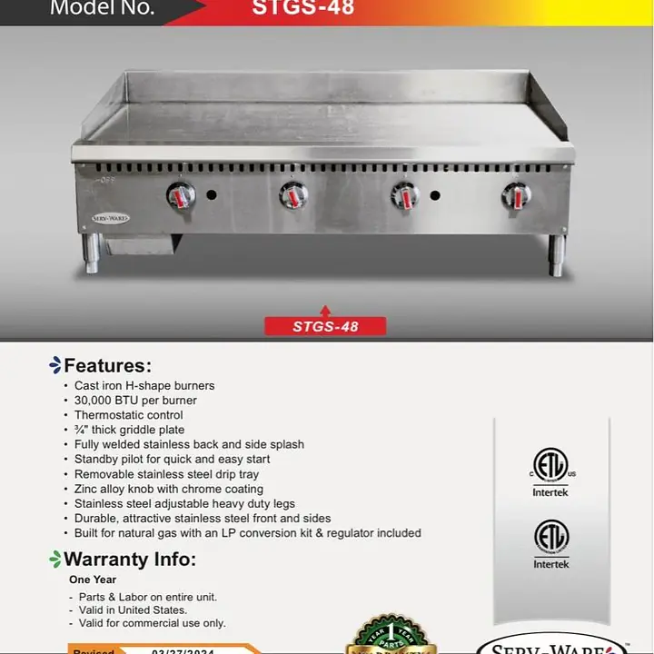 4 Burner Thermostatic Griddle 48” SERV-WARE STGS-48 - Master
