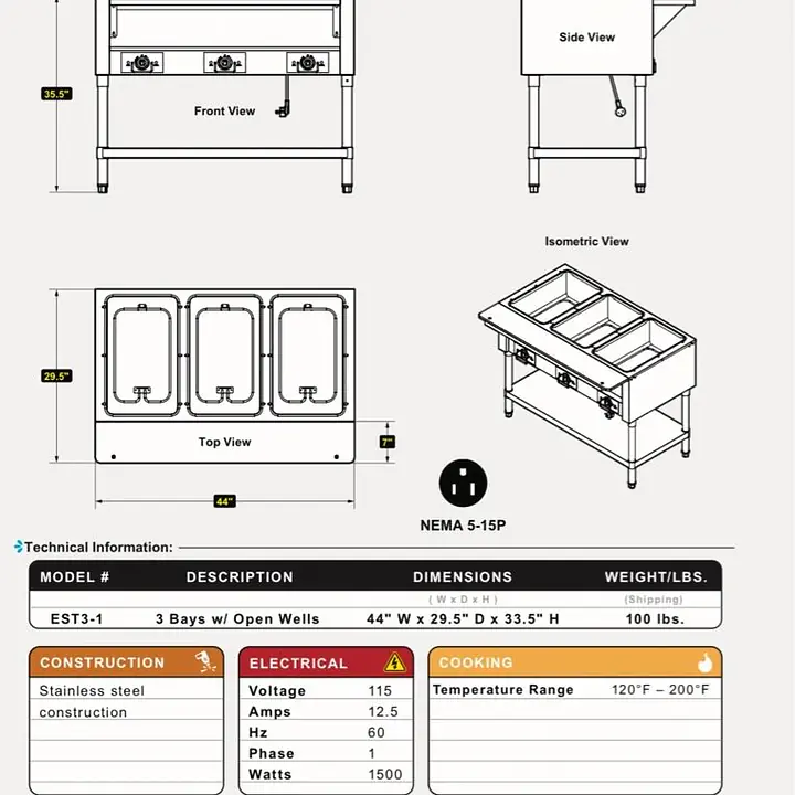 3 Bay Electric Hot Table SERV-SARE EST3-1 - Master