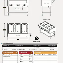 3 Bay Electric Hot Table SERV-SARE EST3-1 - Master