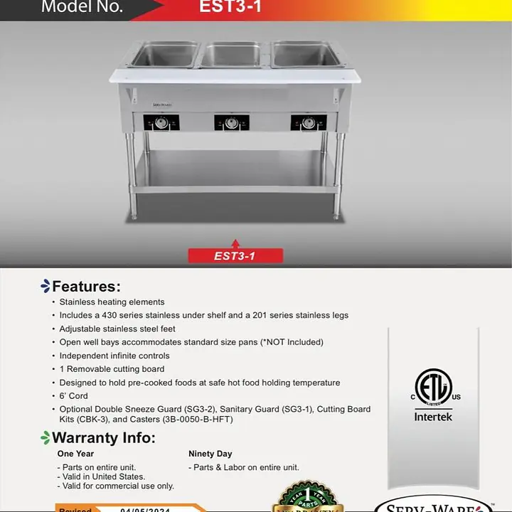 3 Bay Electric Hot Table SERV-SARE EST3-1 - Master