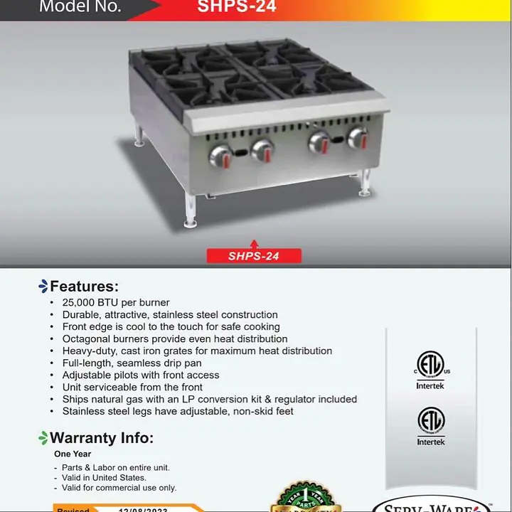 CounterTop 4 Burner Hot Plate SERV-WARE SHPS-24 - Master