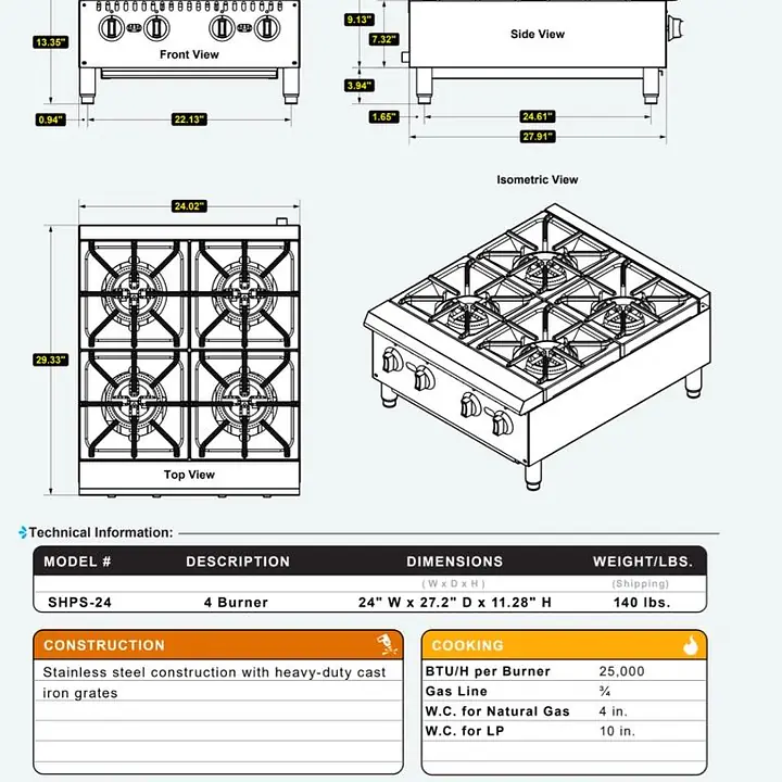 CounterTop 4 Burner Hot Plate SERV-WARE SHPS-24 - Master