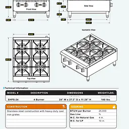 CounterTop 4 Burner Hot Plate SERV-WARE SHPS-24 - Master